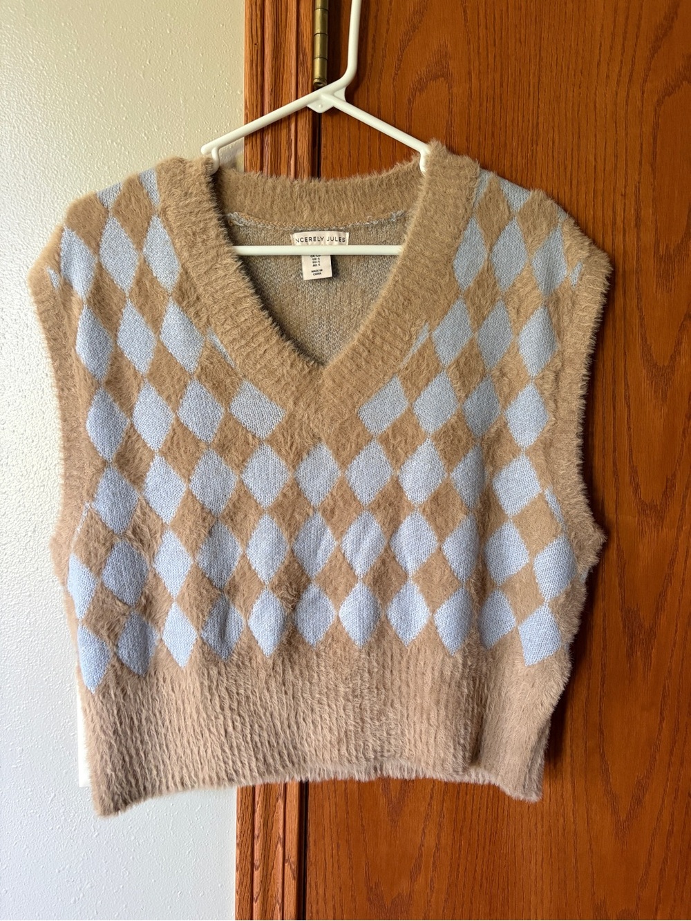 Sincerely Jules Beige and Light Blue Argyle V-Neck Sweater Vest